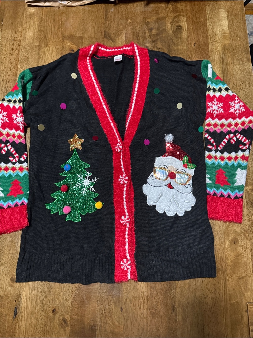 Holiday Time Black Christmas Cardigan with Red Trim, Green and White Accents
